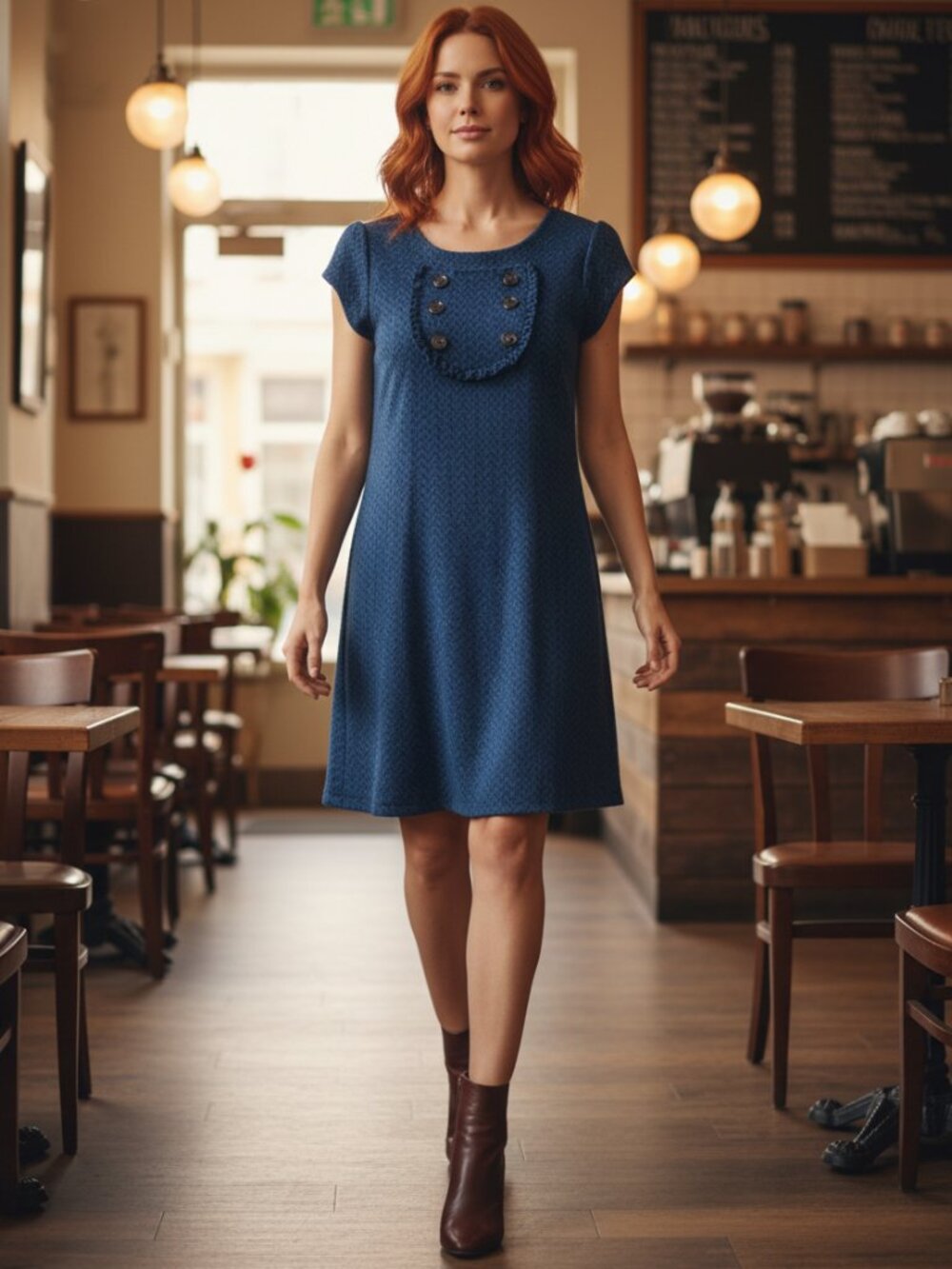 BeBop Blue Black Chevron Dress Small Ruffle Button Detail Boho Chic Fall Dress